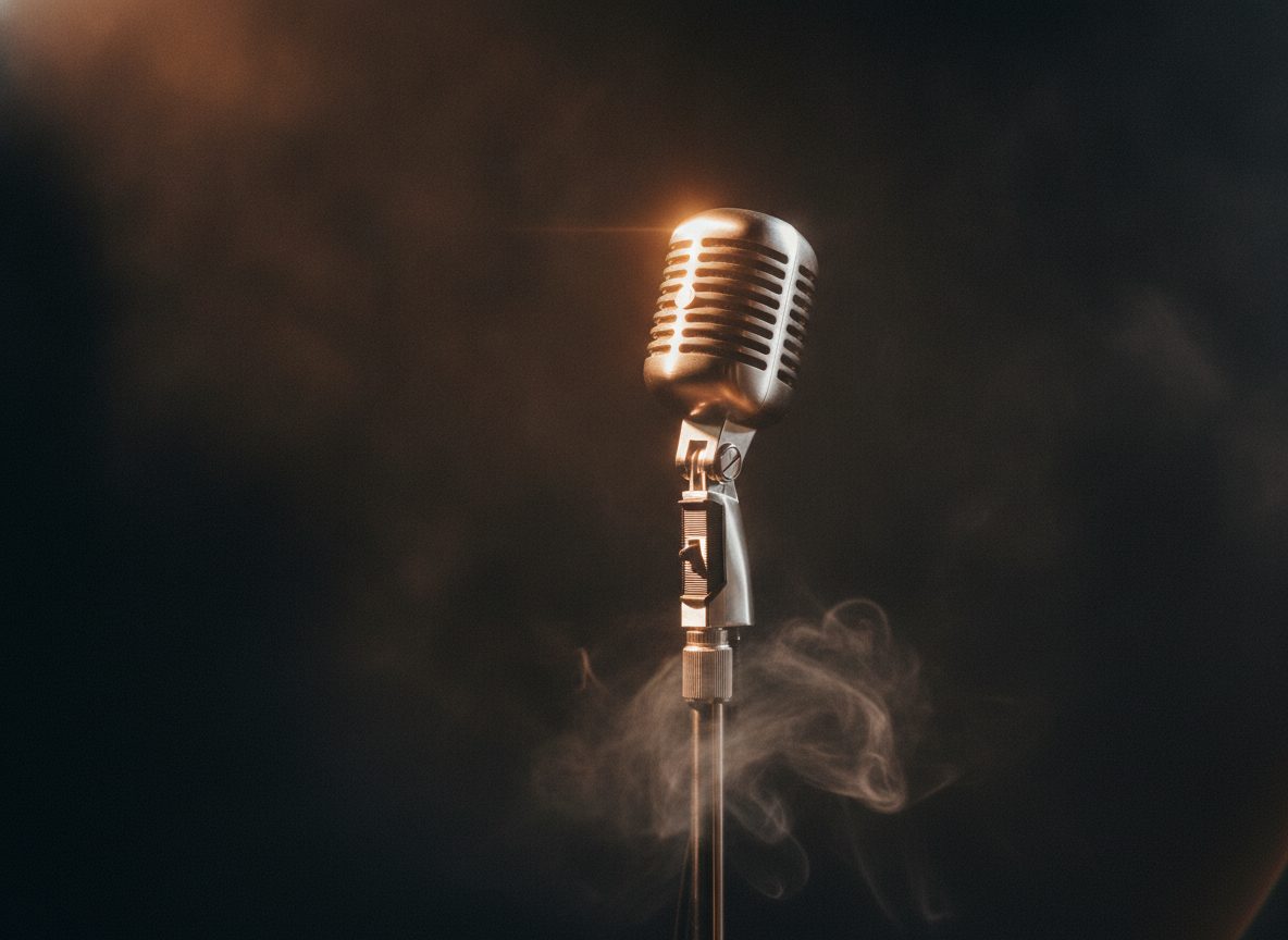 A vintage ribbon microphone lit by a single warm spotlight against a dark hazy backdrop