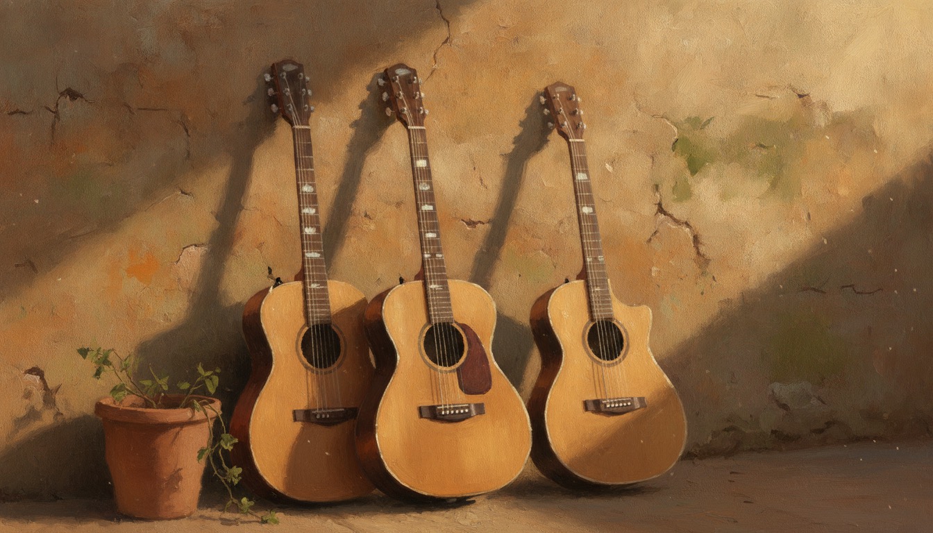 Three acoustic guitars resting side by side against a weathered wall in warm afternoon light