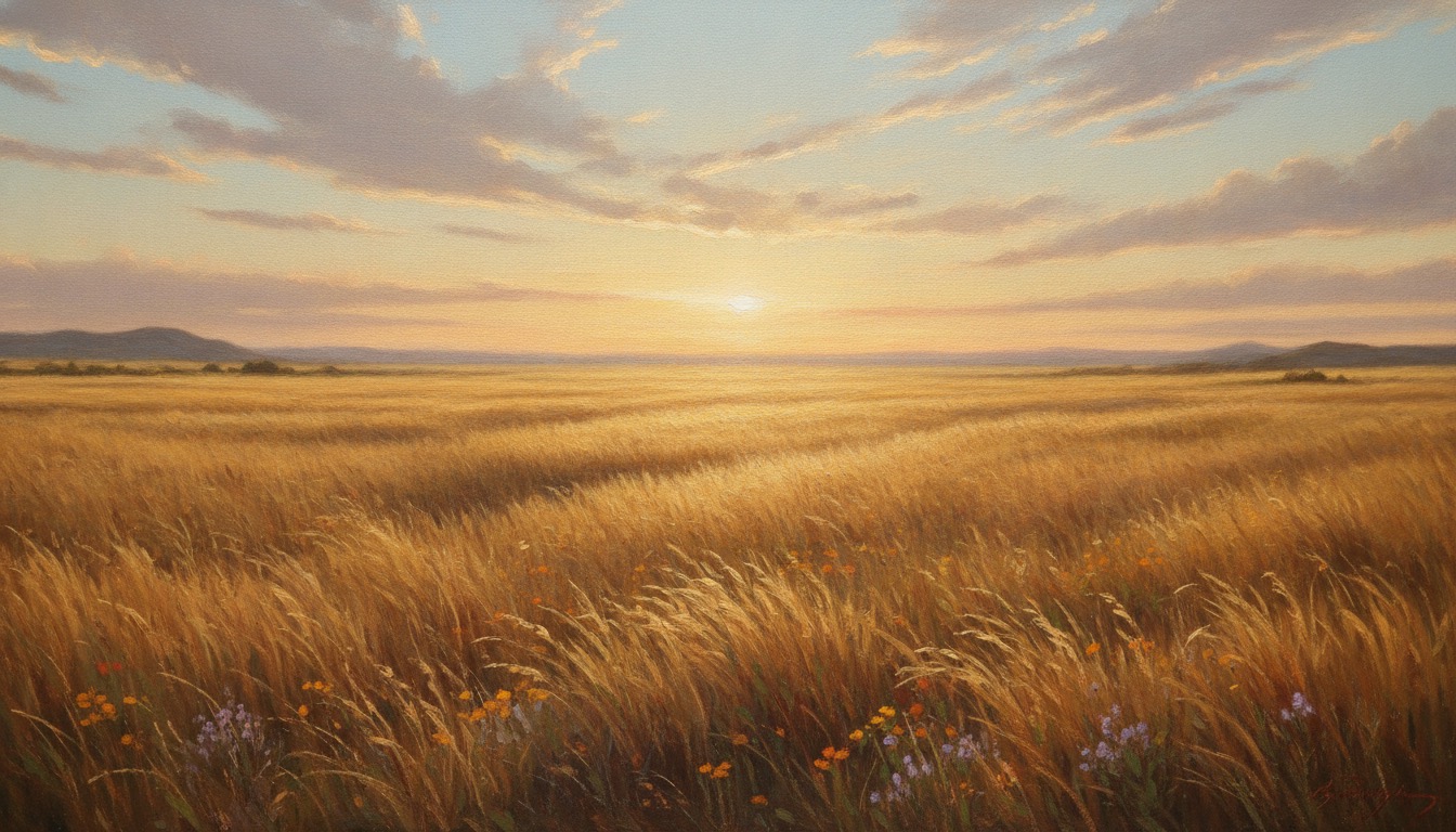A wide open western prairie at golden hour under a huge pale-blue sky with soft grasses