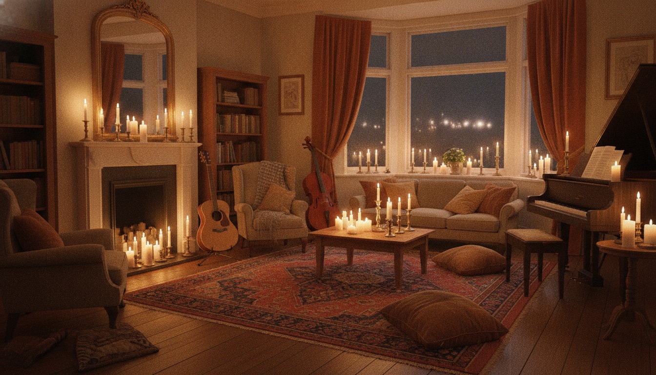 A cozy candlelit living room with instruments and a rug in a warm amber glow
