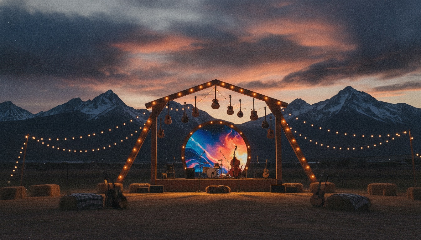 A dusk outdoor festival stage with warm lights and a big mountain sky behind