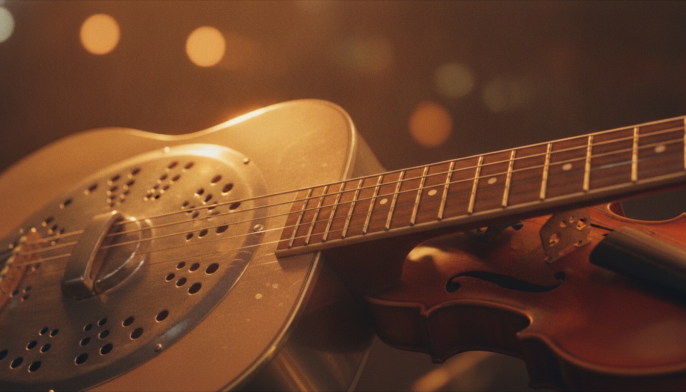 A resonator Dobro and a fiddle overlapping in warm stage light