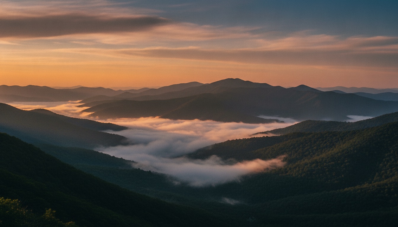 Blue Ridge mountains at golden hour with mist and warm light