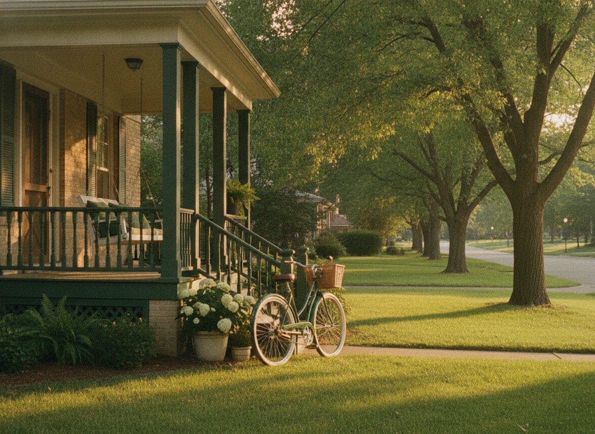 A quiet suburban front porch at golden hour on a tree-lined street with a bicycle leaning against the steps