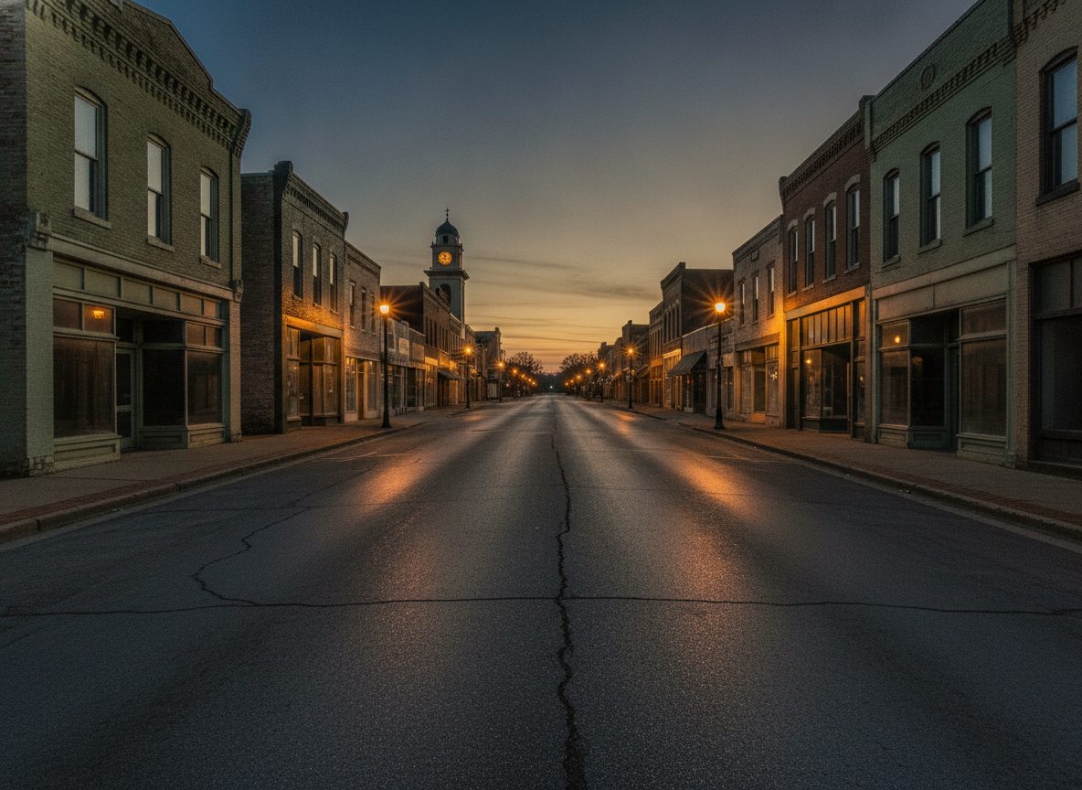 A weathered small-town main street at dusk with warm streetlights and long shadows on empty pavement