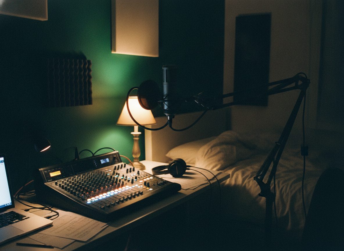 A dim home recording studio with a single microphone, a mixing board glowing softly, and warm lamplight