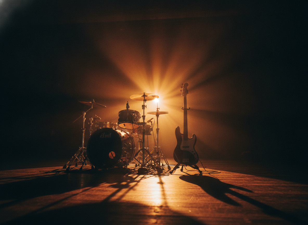 A drum kit and bass guitar lit in warm gold and red stage light against deep shadow