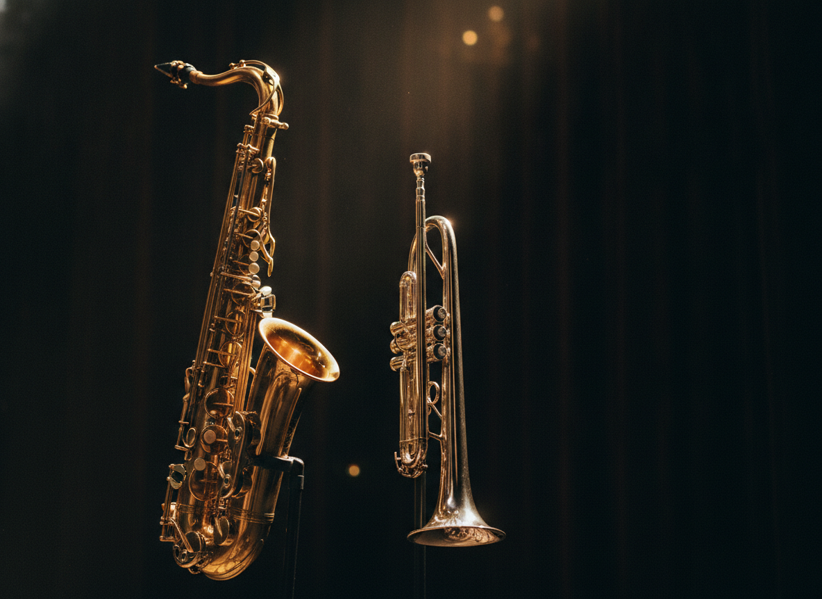 A gleaming saxophone and trumpet raised in warm gold stage light against a dark backdrop