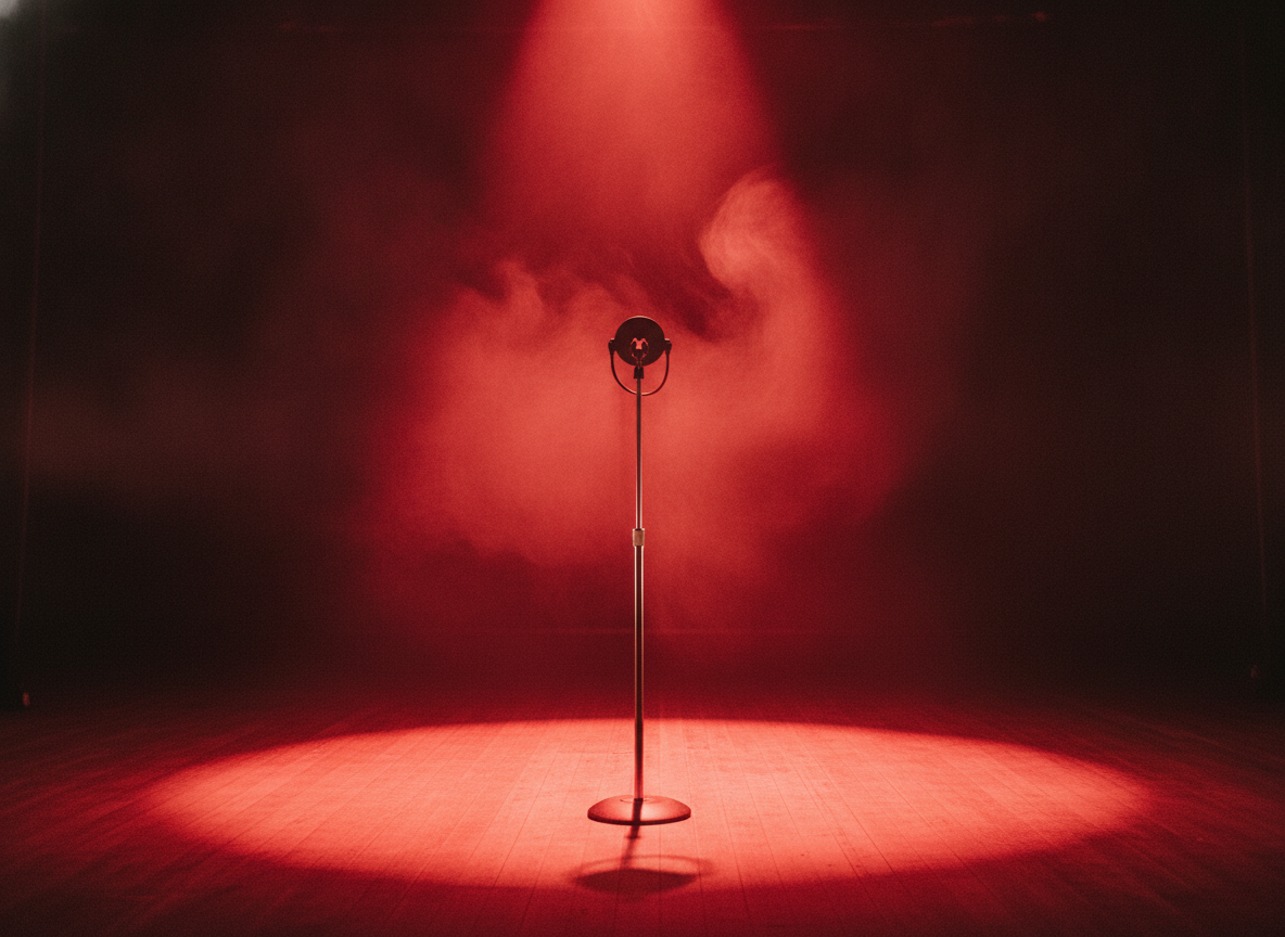 A lone microphone stand on a dark stage under a hot red spotlight and drifting haze