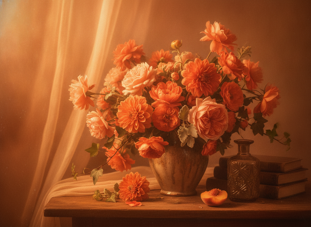 A warm persimmon-orange dreamy still life of flowers and soft light with no people