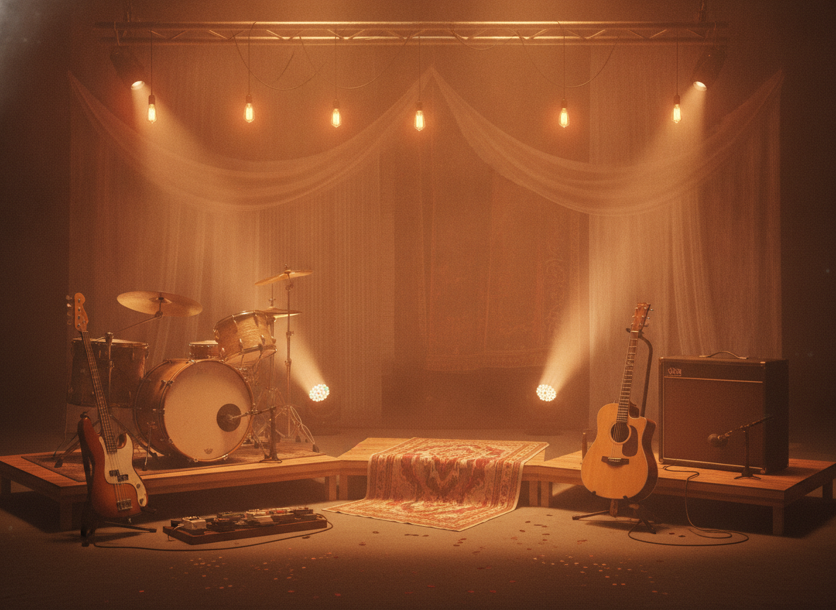 A softly lit indie stage with instruments and warm orange lighting, no performers visible