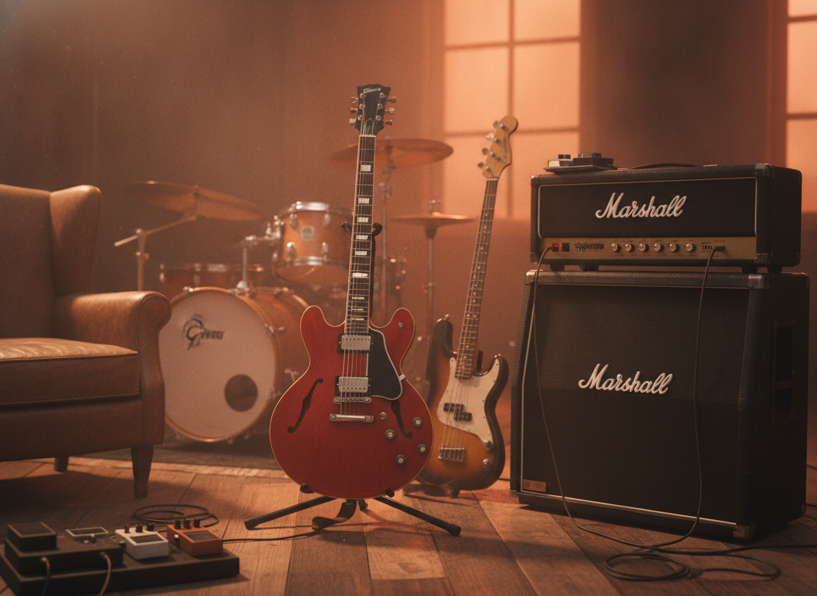 A warm studio scene of instruments and amplifiers in soft persimmon light with no people