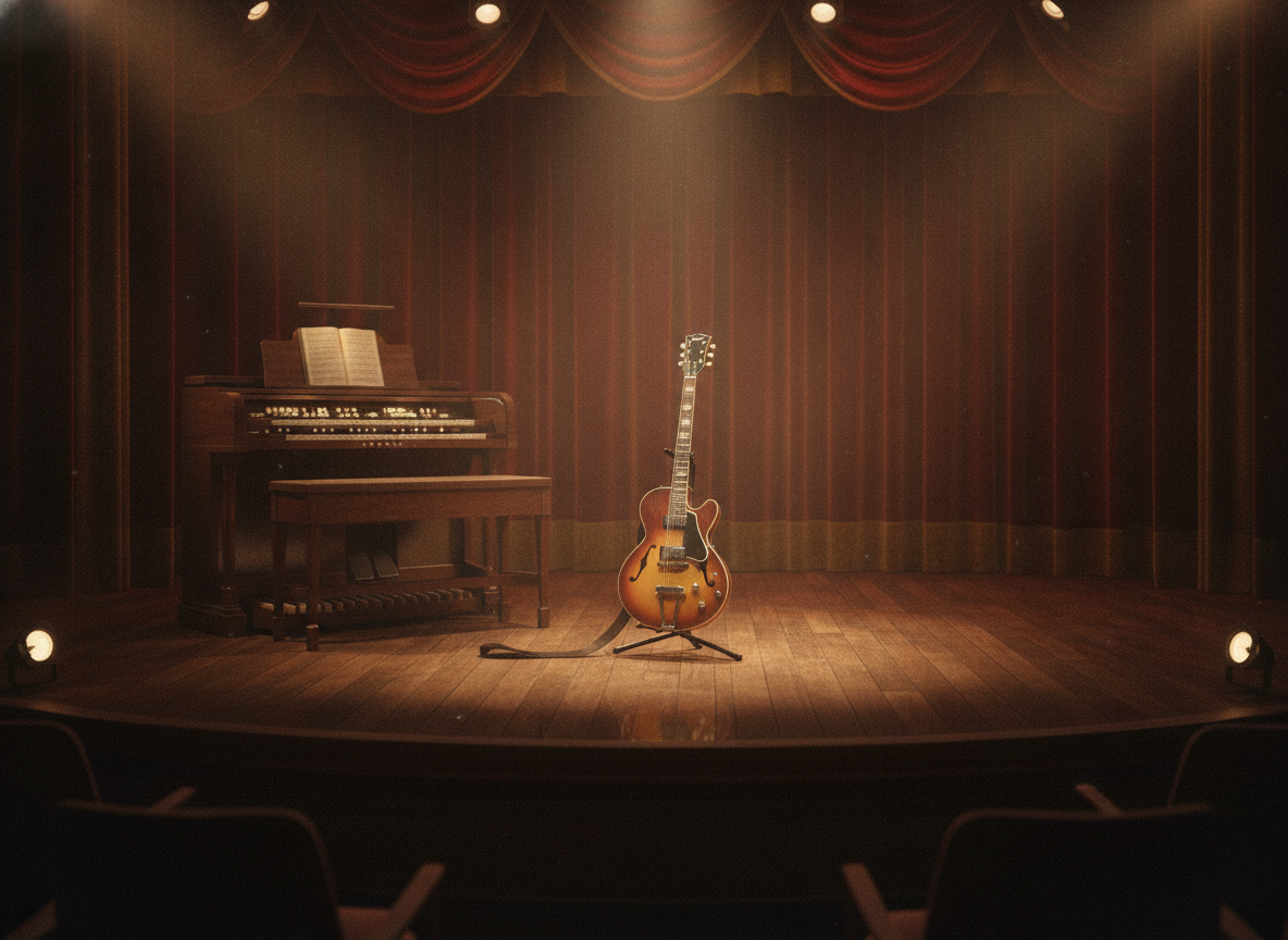 A vintage electric guitar and organ arranged on a dim stage under warm rust and gold light