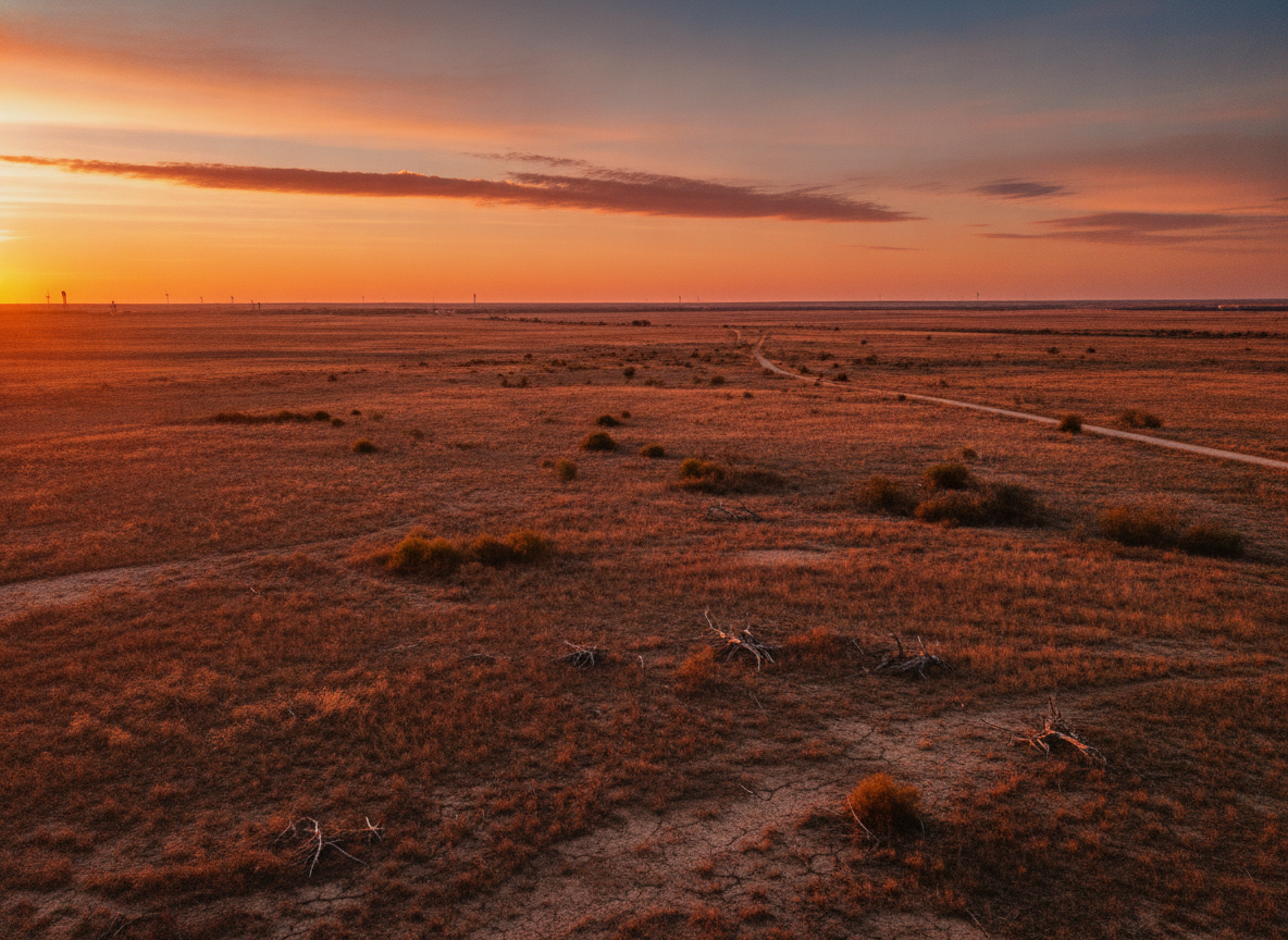 A wide Oklahoma plain at golden hour with warm rust light across dry grass under a big open sky