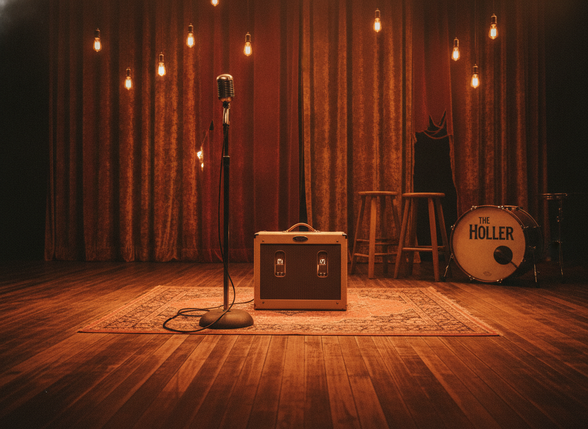 An empty roots-music stage washed in warm rust and amber light with a vintage amplifier and microphone stand