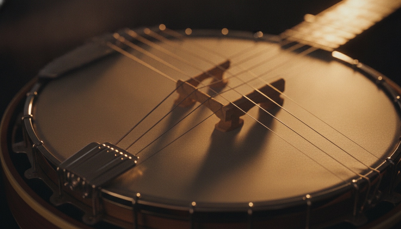 Close-up of the resonator and strings of a gleaming five-string banjo in dramatic warm light