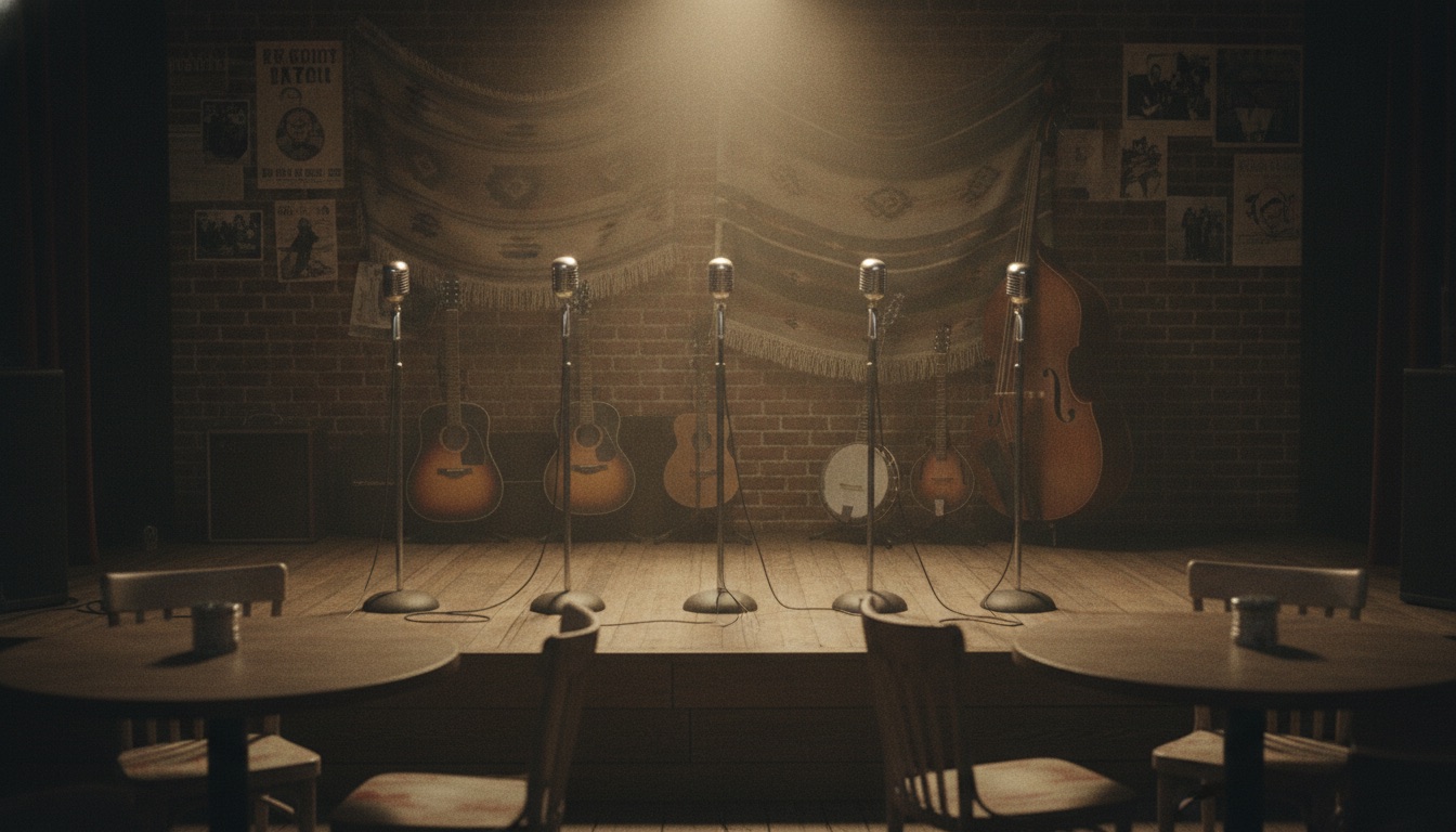 A dim intimate roadhouse club stage with a single warm spotlight and vintage microphones