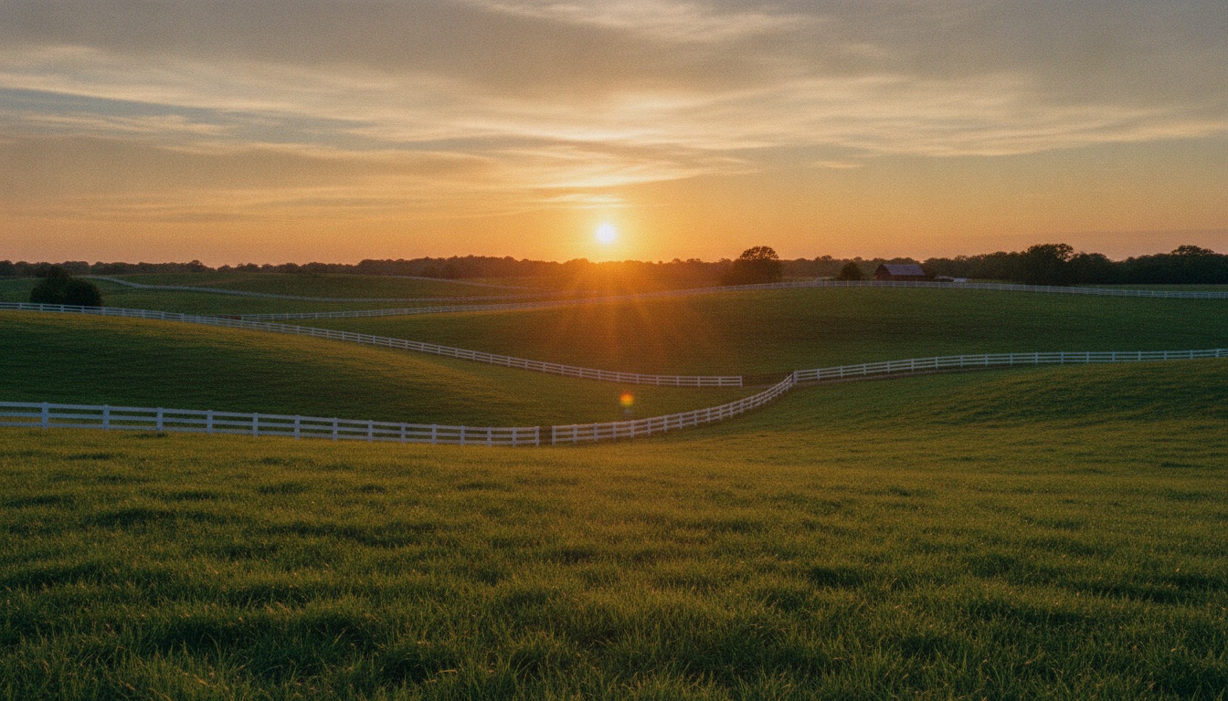 Rolling Kentucky bluegrass horse country at golden hour with white fences