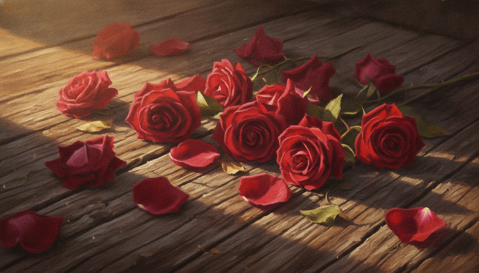 A bouquet of red roses against a warm, faded backdrop
