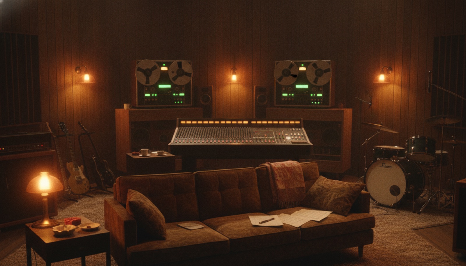 A warm, analog 1970s recording studio with vintage amps and a guitar on a stand