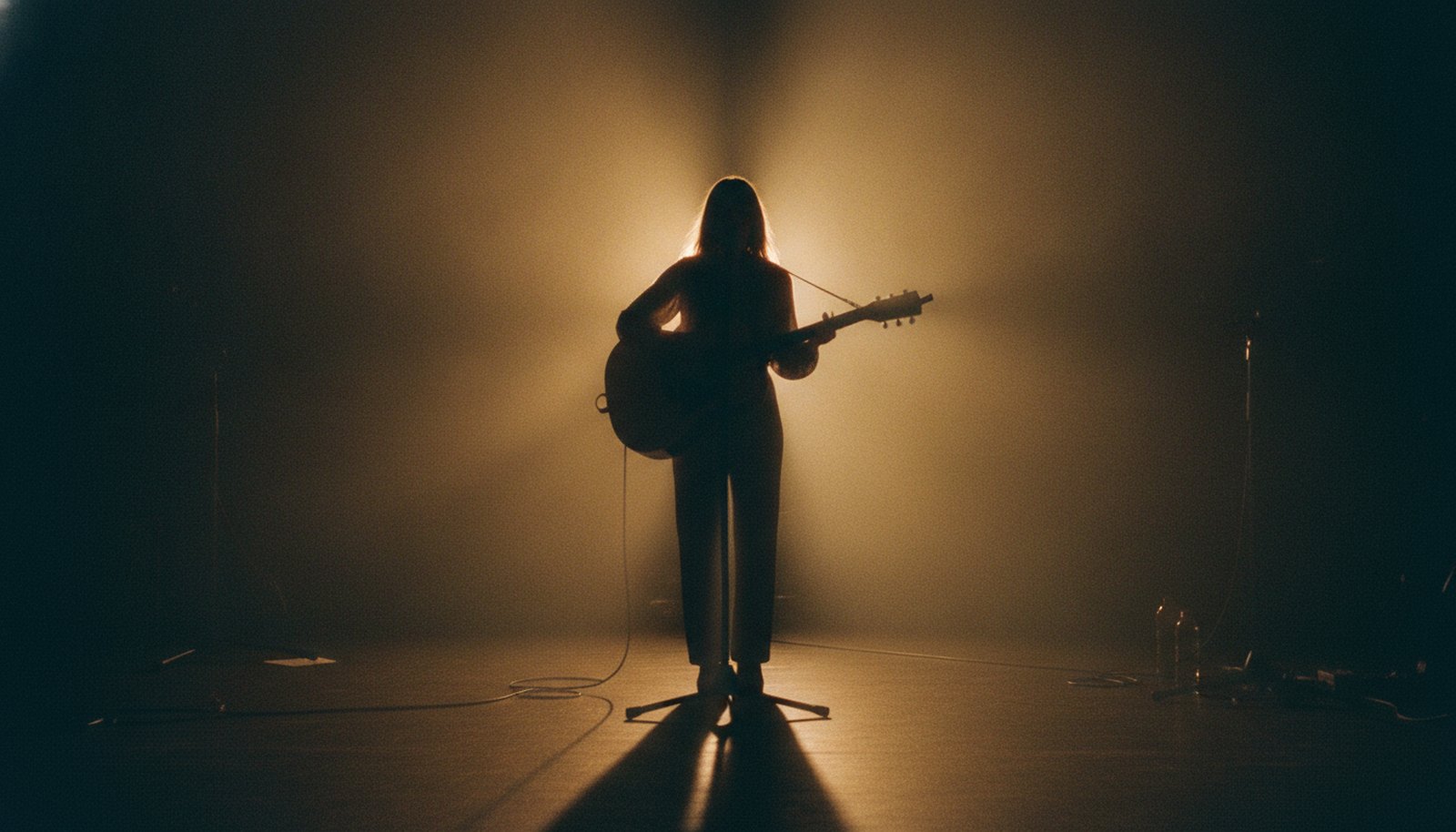 A solo female singer-songwriter with an acoustic guitar in silhouette under a warm spotlight