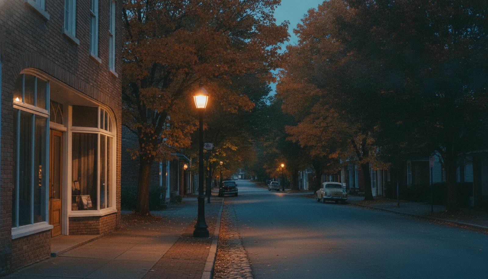 A quiet North Carolina small-town street at dusk, an old brick storefront and warm streetlight