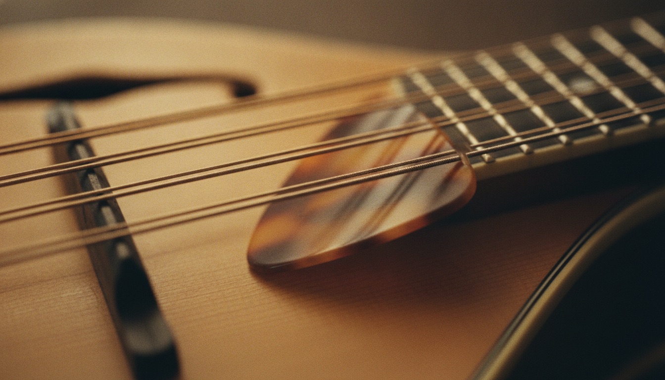 Close-up of a mandolin pick cross-picking the strings in warm light