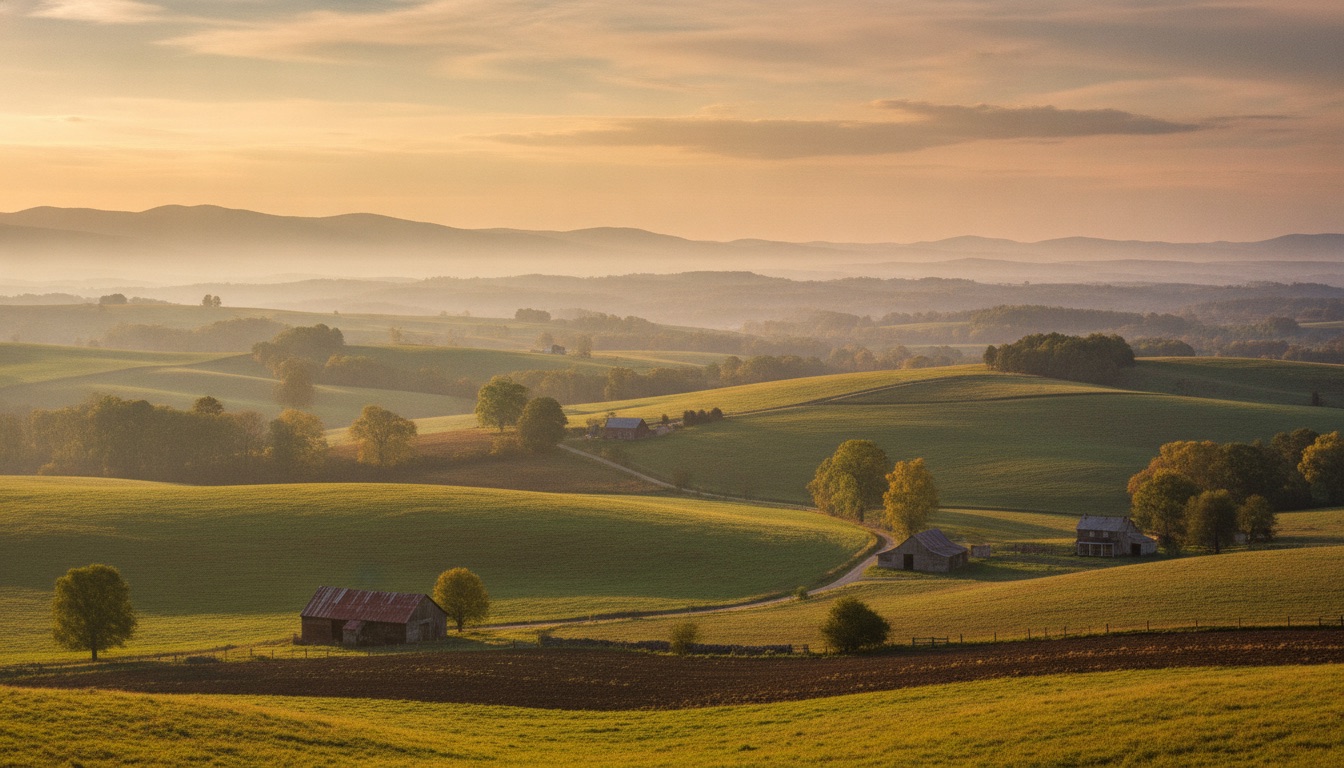Rolling Virginia mountain farmland at golden hour with soft haze over ridgelines