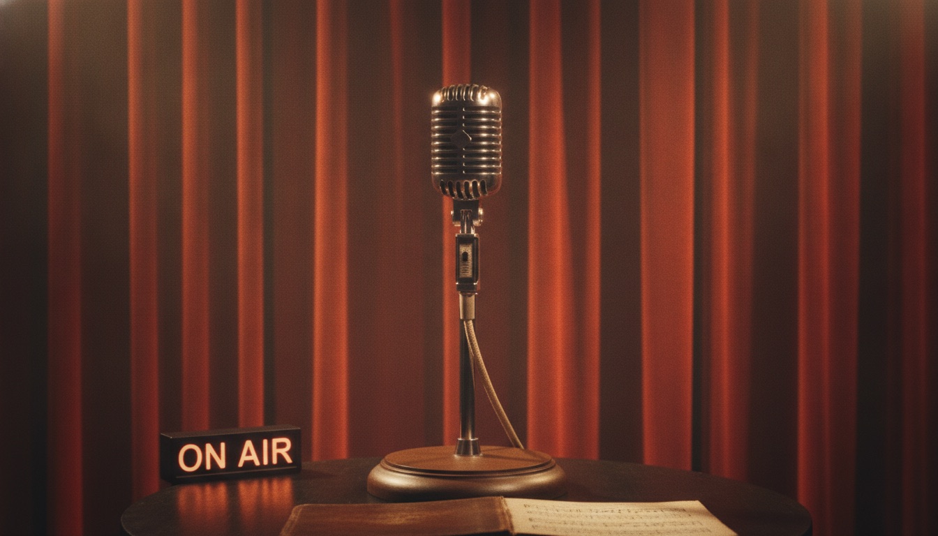 A vintage radio station microphone with a warm stage curtain behind