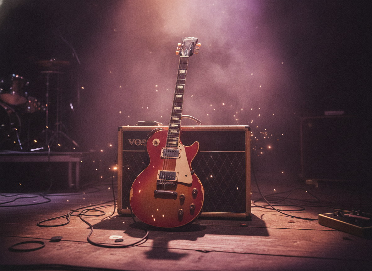 A vintage electric guitar lit by hot orange stage light with sparks and haze rising against darkness