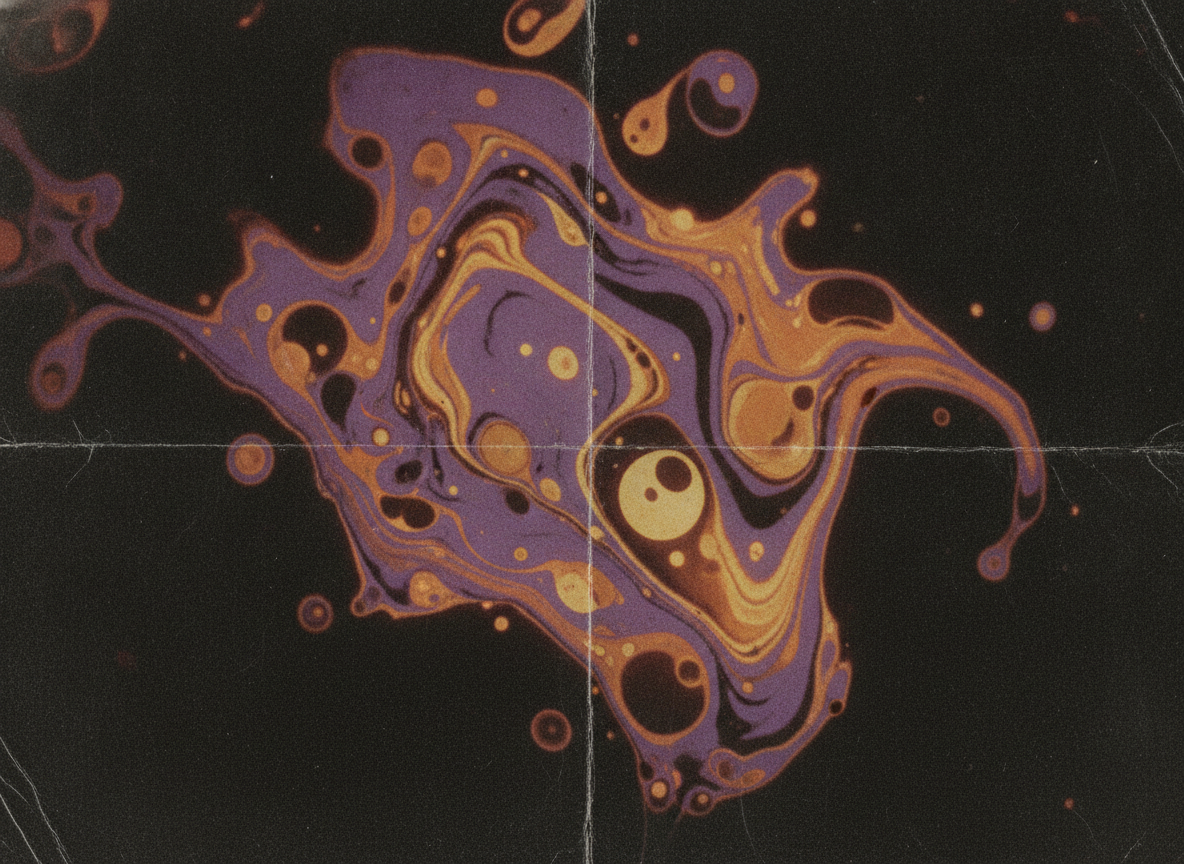 A 1960s-style liquid light swirl of purple, orange, and gold psychedelic color melting across a dark field
