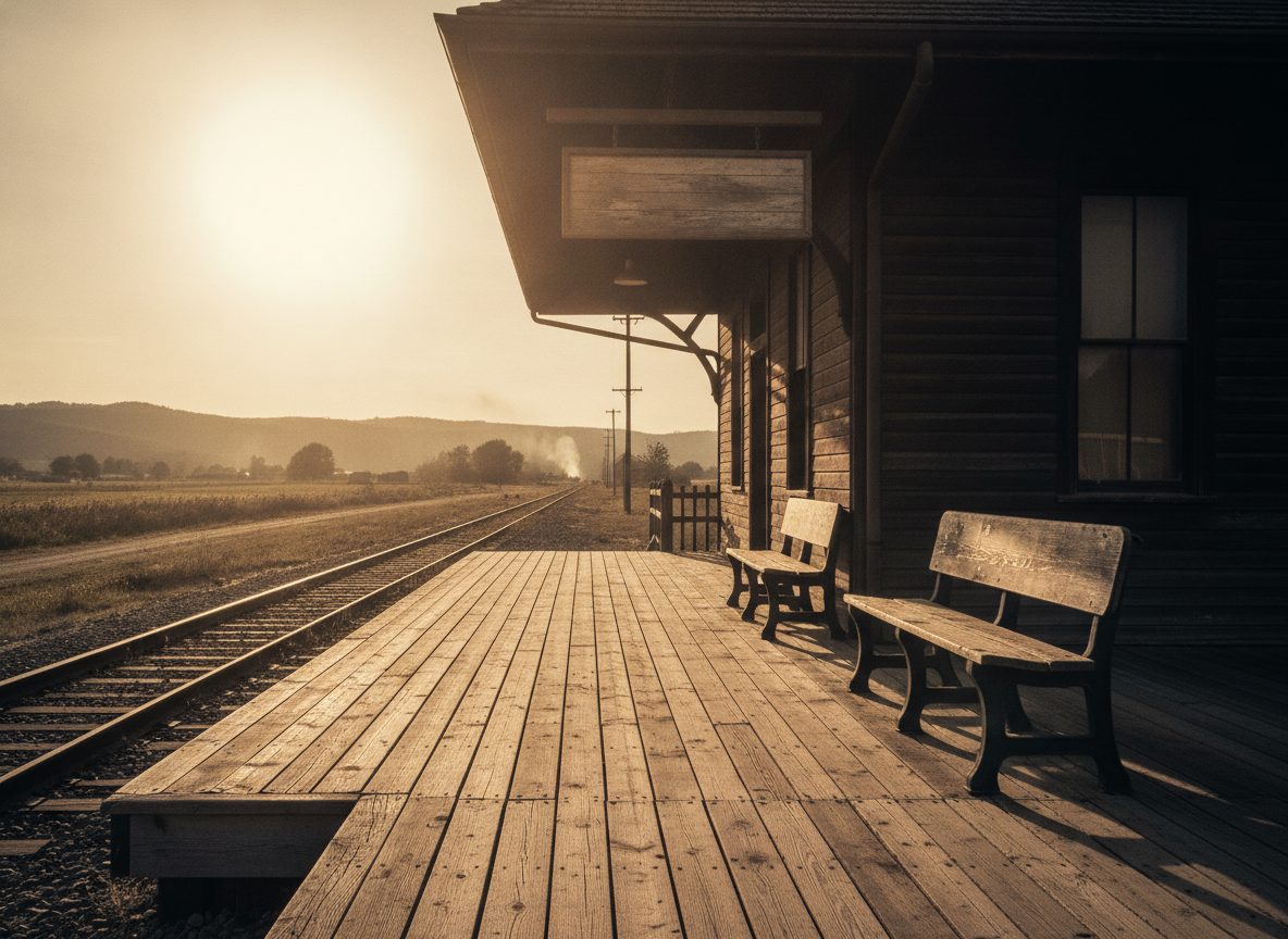 An empty small-town train depot platform at golden hour with old wooden signage