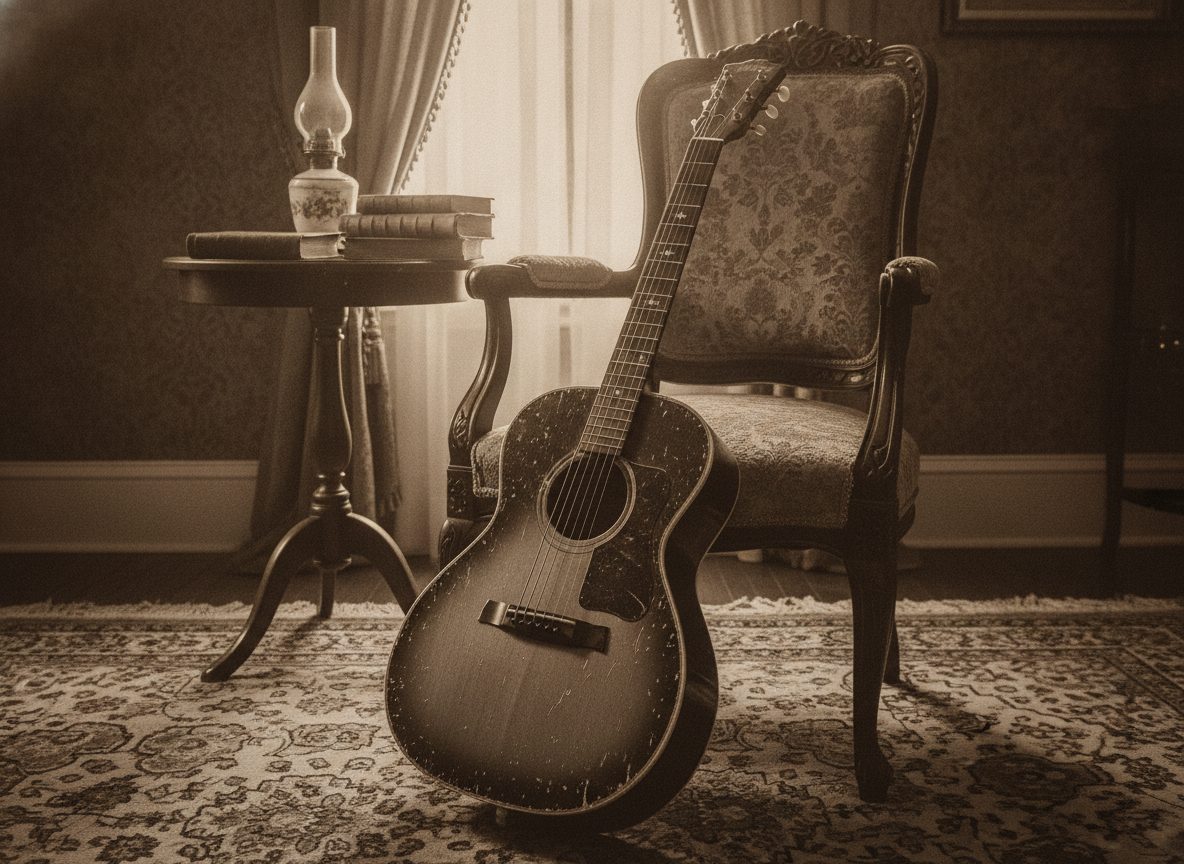 A worn vintage parlor guitar leaning against a chair in a dim 1920s Southern room
