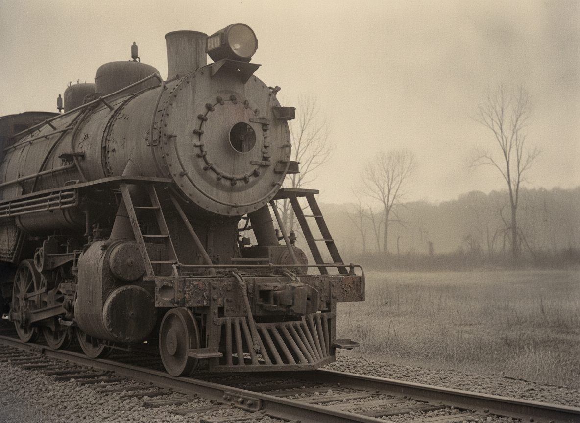 A weathered steam locomotive resting on rusted rails under a wide Southern sky at dusk