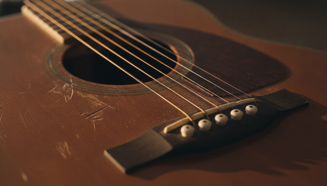 Close-up of the soundhole and strings of a well-worn flat-top acoustic guitar in warm light