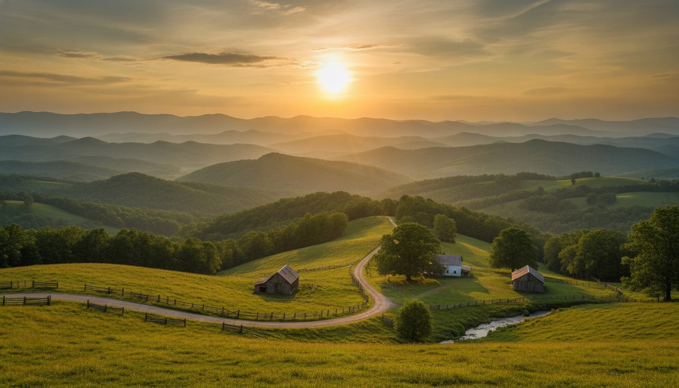 East Tennessee mountains at golden hour with rolling green ridges and soft haze