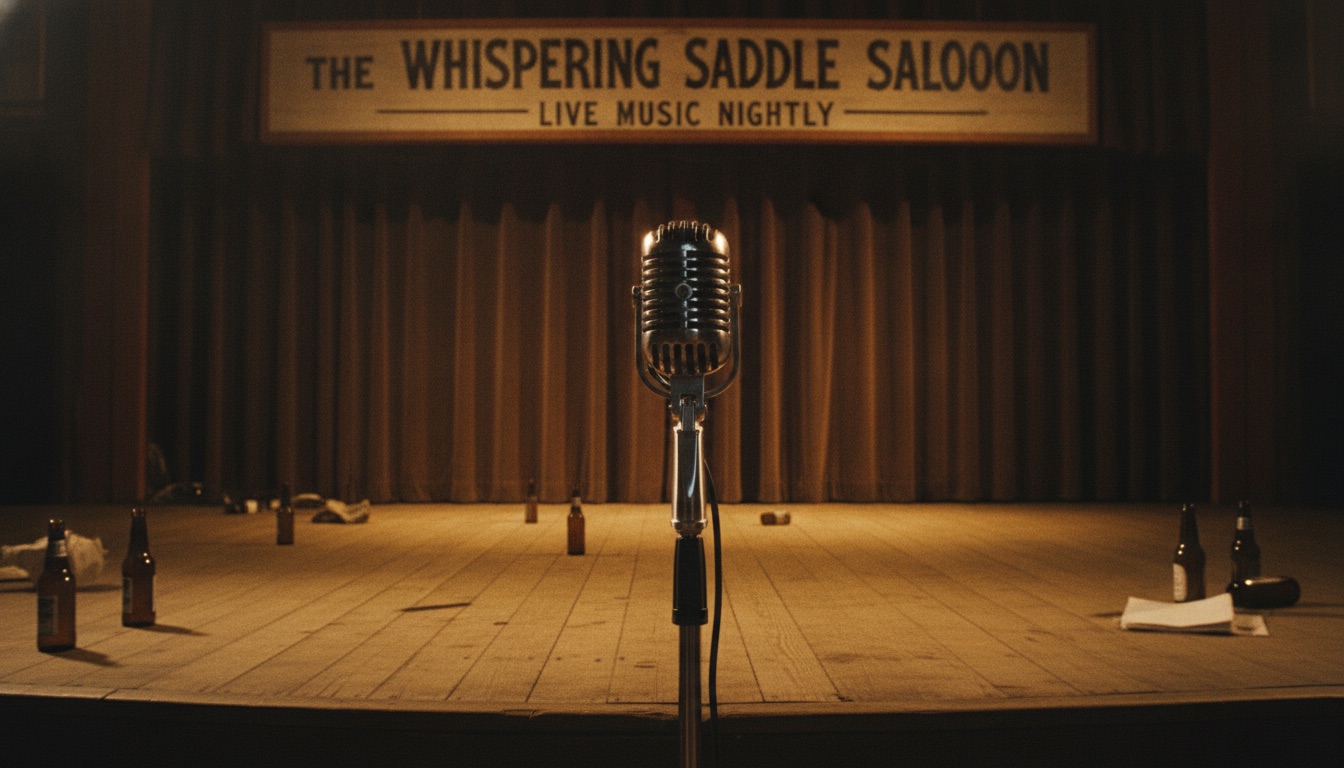 A vintage silver radio microphone on an empty honky-tonk stage in warm amber light