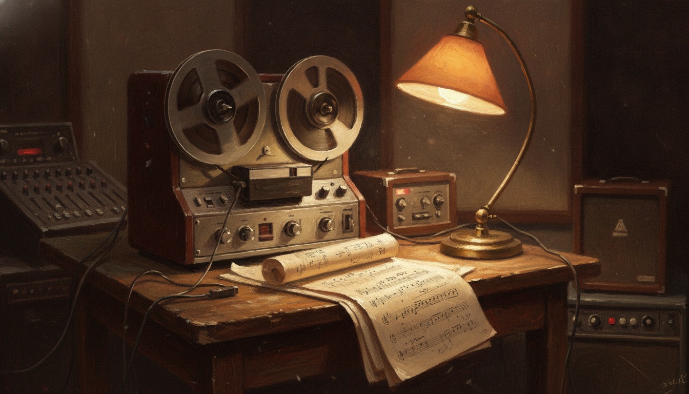 A vintage reel-to-reel tape machine and handwritten sheet music on a table in a dark recording studio