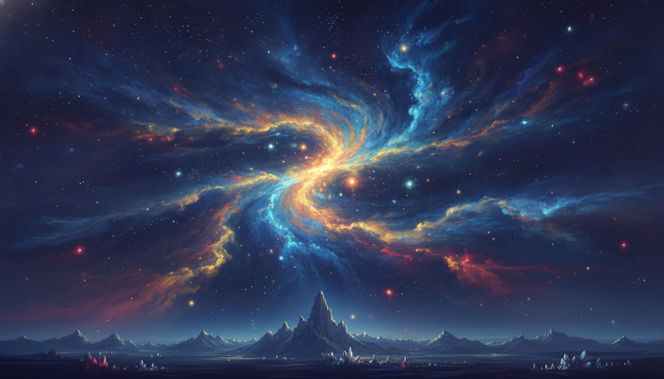 A vast cosmic night sky with a swirling nebula in deep blue and gold, spiritual and transcendent