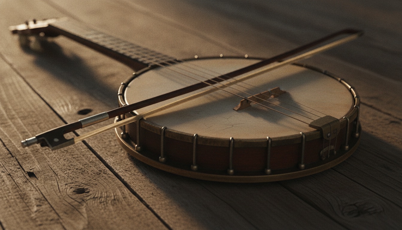 An old open-back banjo and a fiddle bow on weathered wood in warm light