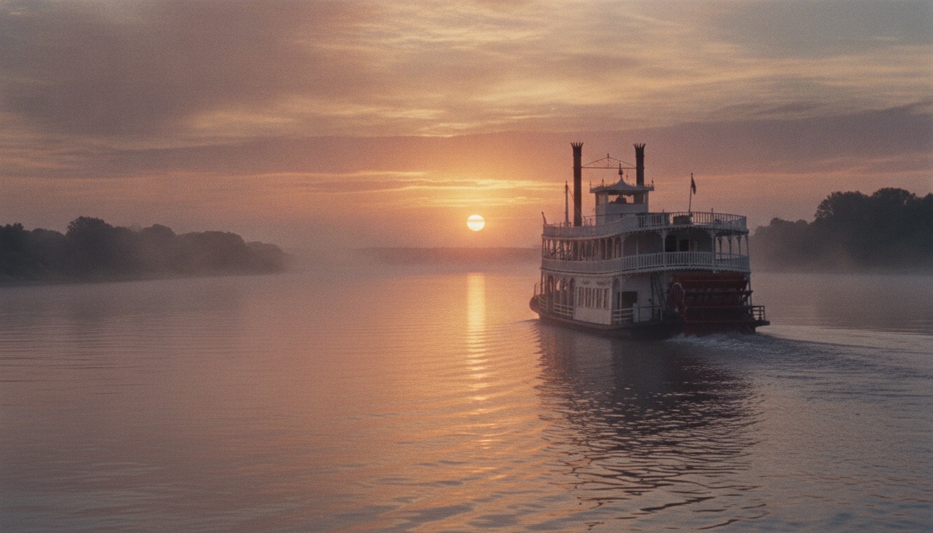 A classic Mississippi River paddlewheel steamboat on the water at sunset in warm golden light