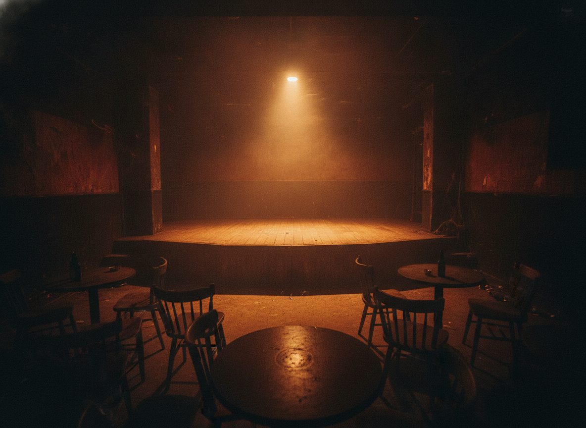 A dim smoky basement blues club with a single warm spotlight over an empty low stage