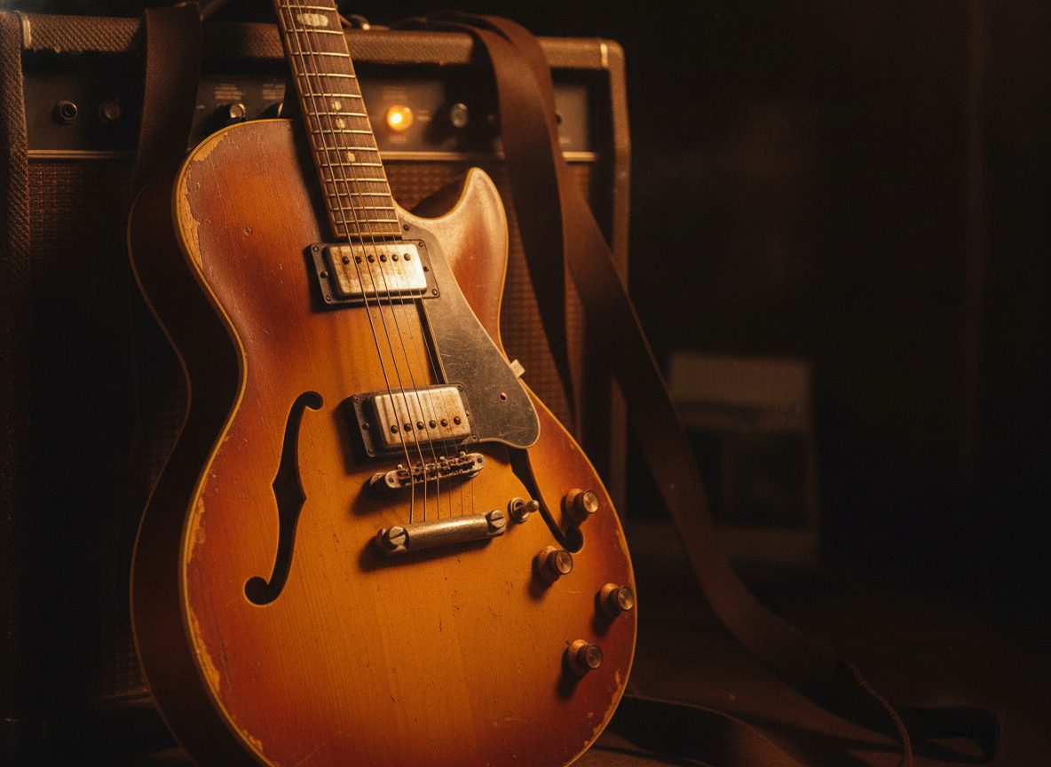 A worn hollow-body electric guitar resting against an amplifier under warm amber light