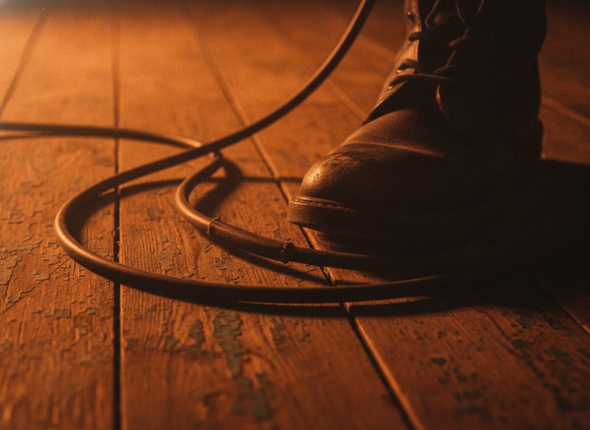 A close view of a foot stomping on a wooden board beside a guitar amplifier under warm light