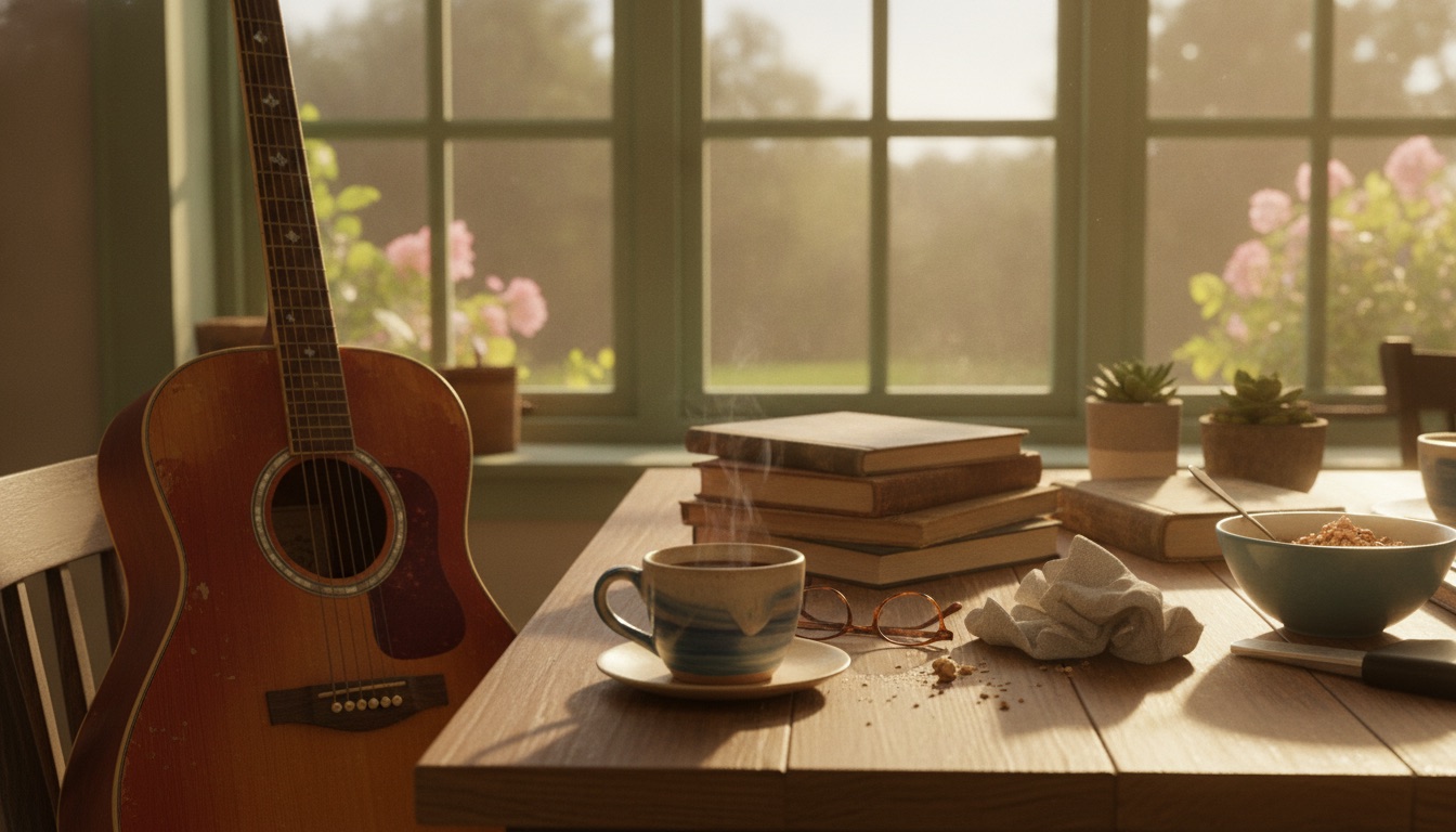 A warm, cluttered kitchen table with an acoustic guitar, a coffee cup, and afternoon light through a window