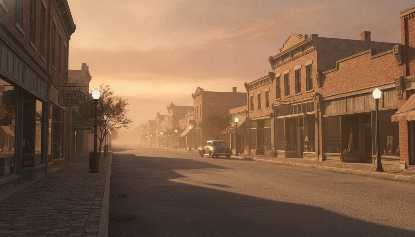 A quiet small-town main street at golden hour with old storefronts and long shadows, warm and nostalgic