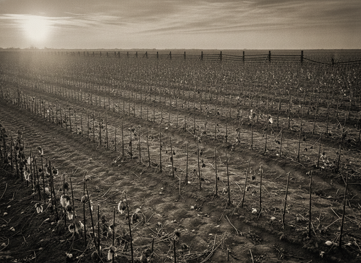 Rows of a sunbaked Southern cotton field at dusk with a weathered wooden fence in stark black and white