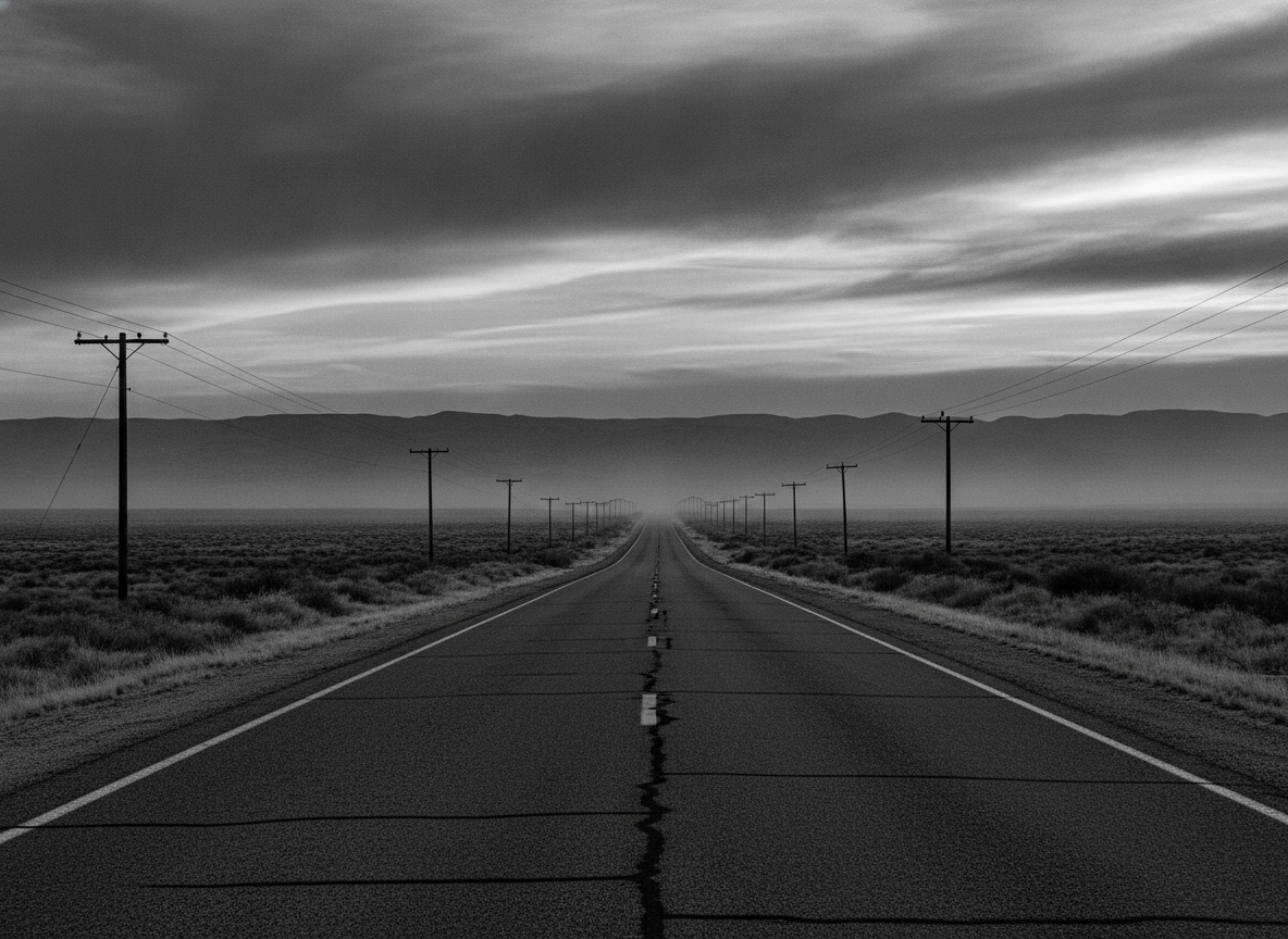 A lonesome two-lane desert highway stretching toward distant hills under a stark high-contrast sky