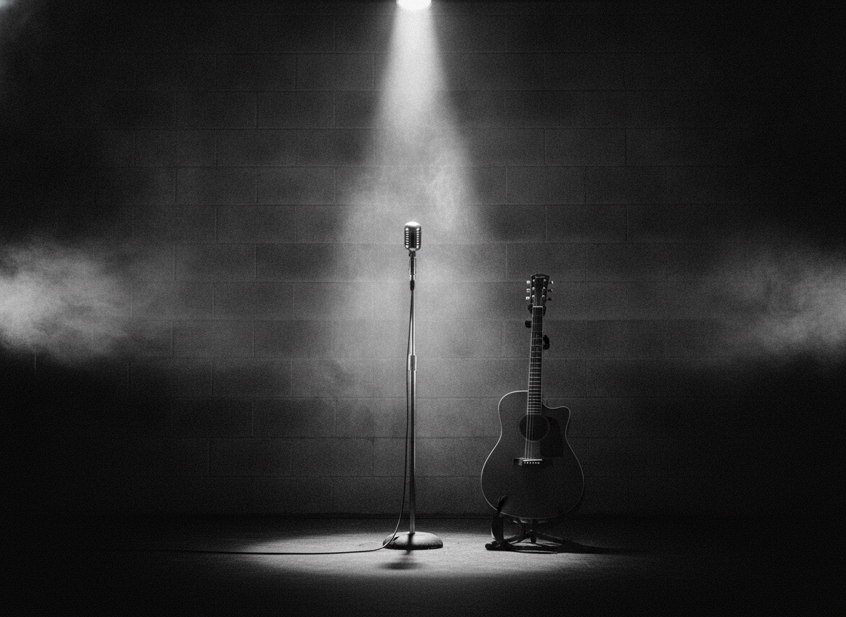 A stark prison-concert stage under a single hard spotlight with a vintage microphone and an acoustic guitar in silhouette