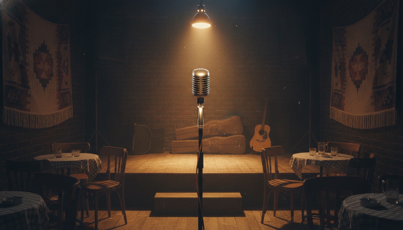 A cozy dim music club with a low stage and a single old microphone under a warm spotlight
